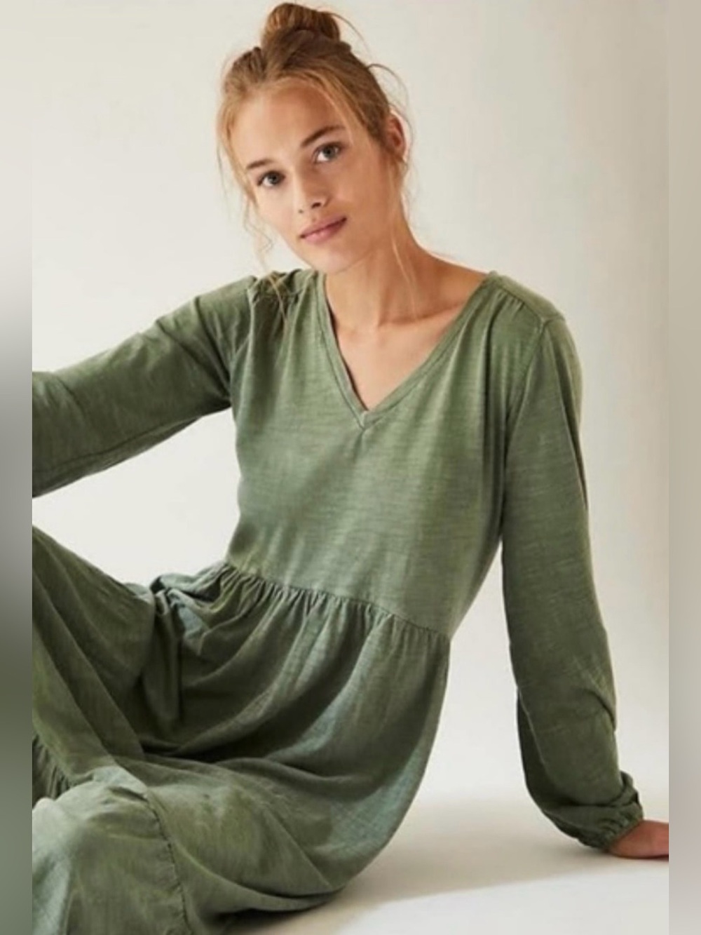 Saturday Sunday by Anthropologie Heathered Olive Green Cotton Tiered Midi Dress